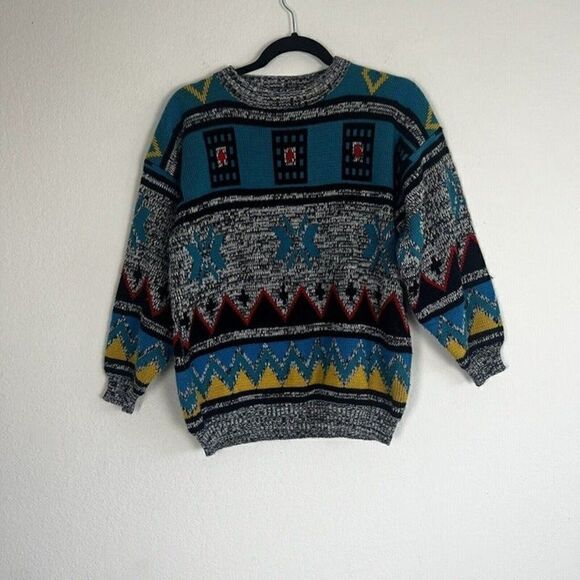 One Step Up Vintage 90s Coogie Style Knit Sweater Abstract Colorful Womens Small - Picture 1 of 12